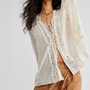Free People Cream Lace Detail Top